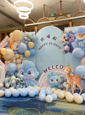 森系蓝色龙宝宝满月100天1周岁卡通背景定制餐厅气球场景氛围装扮