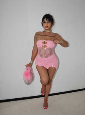 蕾丝拼接性感镂空透视修身抹胸超短裙夏季蝴蝶结辣妹包臀裙dress