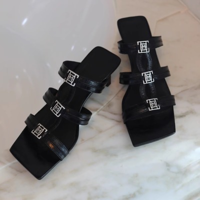 【TTDP】天天家轻奢牛皮方头露趾粗跟凉鞋复古韵味摩登气质05110