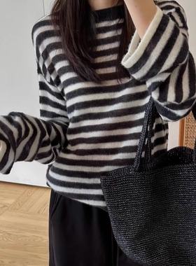 【TTDP】天天家甄选系列极简风毛绒感拉毛黑白条纹毛衣针织衫0782