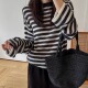 天天家甄选系列极简风毛绒感拉毛黑白条纹毛衣针织衫 TTDP 0782