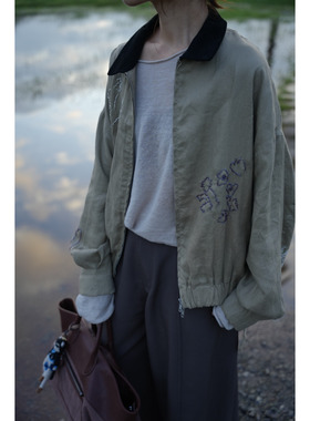 【TTDP】天天家手工刺绣钉珠亚麻翻领夹克美式复古拉链外套11187