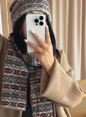 【TTDP】天天家法式复古费尔岛提花100%山羊绒帽子围巾套装1299