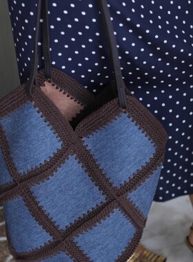 【TTDP】天天家度假风编织包牛仔蓝菱格菜篮子单肩手提包女05111