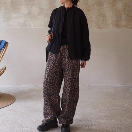 【TTDP】天天家复古弯刀设计豹纹卫裤经典高腰显瘦阔腿休闲裤1090
