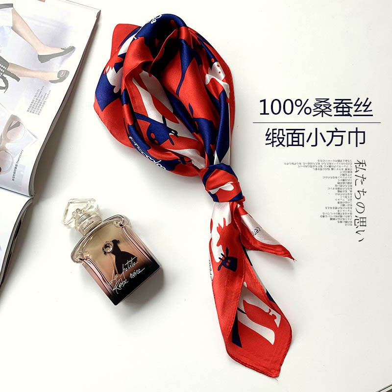 多色波点字母印花缎面真丝小方巾韩版100%桑蚕丝苏明玉小丝巾ins