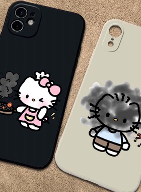 做饭着火烟雾凯蒂猫情侣手机壳适用于苹果16proOPPOFindx5青春版华为Nova12ultra星耀版VIVO小米三星