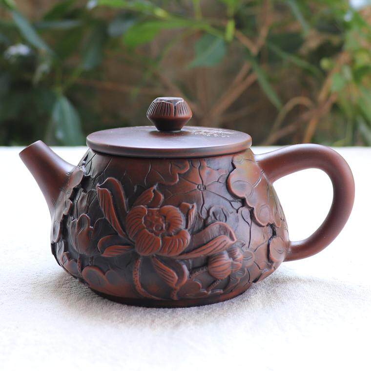 云南建水紫陶器陶瓷茶具纯手工制作满工浮雕家用古铜色紫陶石瓢壶