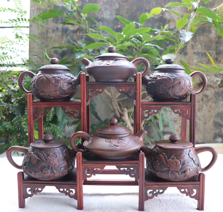 云南建水紫陶茶壶家用功夫茶具单壶复古浮雕大容量手工陶瓷壶清仓