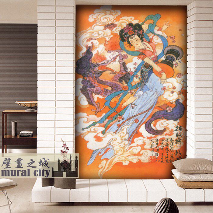 敦煌古风飞天墙纸拍鼓舞龙仕女画彩绘神仙女子壁纸中式祥云壁画布