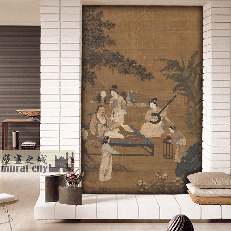 宋画人物画听阮图墙布复古中式弹琴壁纸意境闲情雅致古画背景壁画