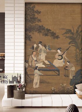 宋画人物听墙布阮图复古中式壁纸