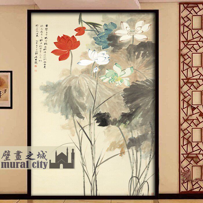张大千荷花壁纸水墨泼墨莲花墙纸素雅墙布中式古典名画玄关背景墙