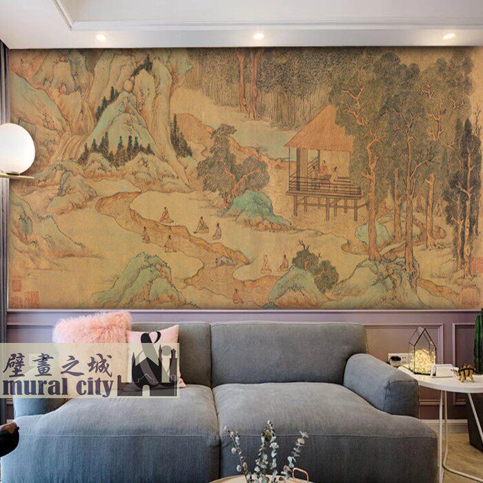 曲水流觞墙纸古风兰亭修禊图古画墙布宴乐图壁纸饮酒聚会背景布