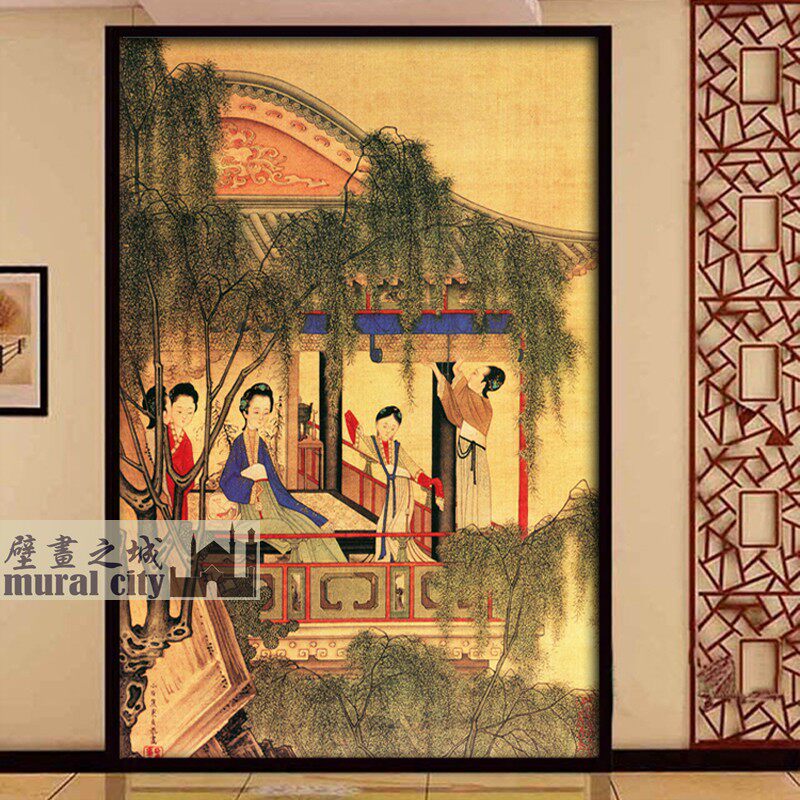 明清仕女人物画墙布中式古风宫廷女子壁纸壁布复古色国风汉服背景