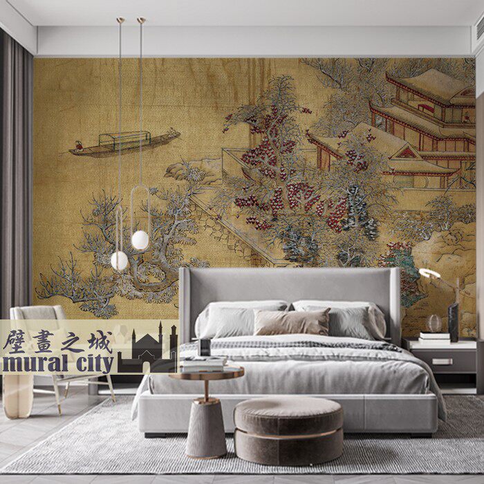 中式古画山水雪景墙纸蓝瑛雪溪图明代复古风摄影壁纸阁楼亭台墙布