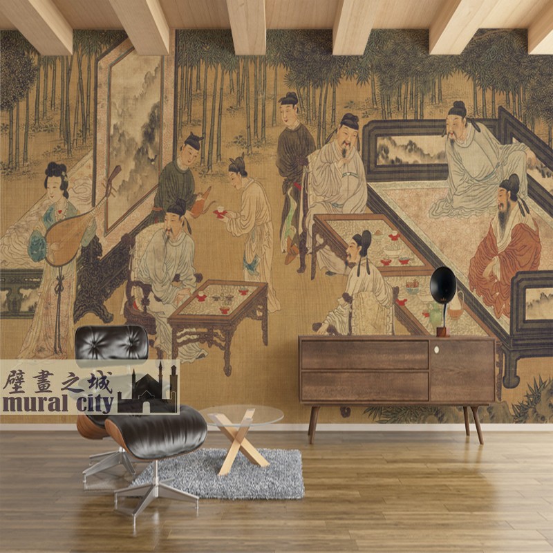 宋画古风人物墙布古代十八学士文人壁纸复古饮酒壁画布长卷背景画