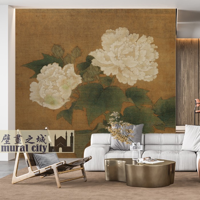 中式复古风花鸟壁纸牡丹宋代美学画墙布客厅摄影墙纸直播背景壁布