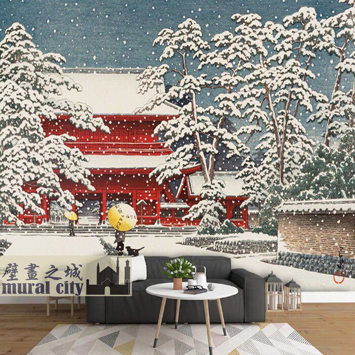 日本宫殿雪景墙布日式庙宇神社冬雪壁纸壁画和风日系民宿背景画