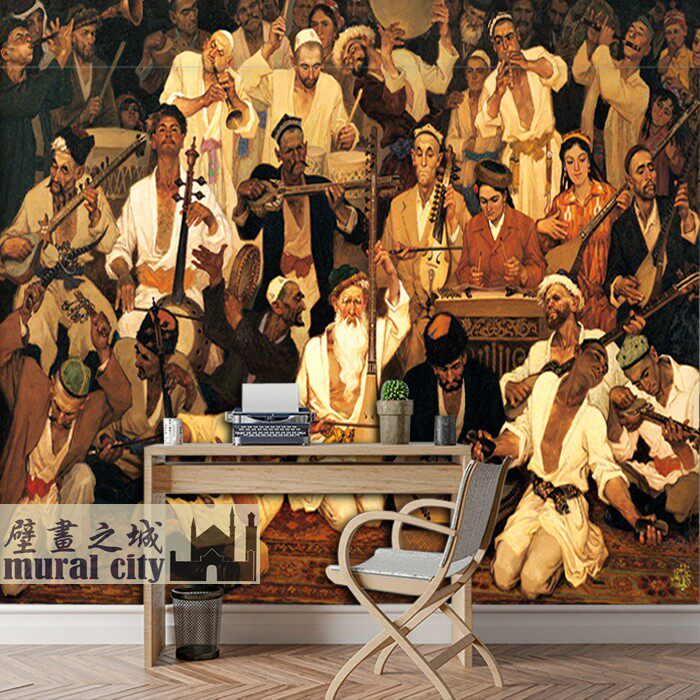 新疆风格饭店餐厅墙纸少数民族歌舞乐器壁纸十二木卡姆冬不拉壁画