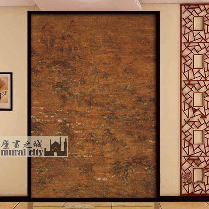 复古风古画唐画墙布中式宫苑图壁纸高级感墙纸书房玄关壁画背景墙
