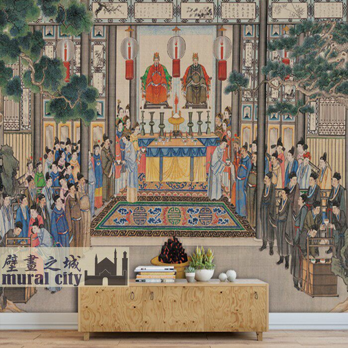 古代人物画墙纸红楼梦大观园贾府祭祀壁纸墙布中式复古背景墙壁画