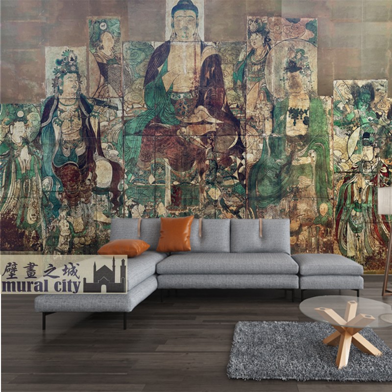 广胜寺壁画壁纸炽盛光佛佛会图墙布山西古建复古壁布做旧背景墙画
