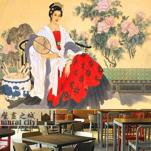 中式古风人物美女仕女图墙纸古典唐朝美人图壁纸布摄影拍照背景画