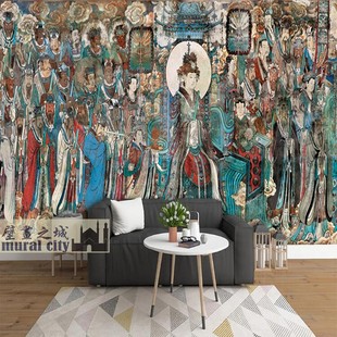 永乐宫朝元图壁画墙纸三清殿墙布道祖天神众仙墙纸玉皇大帝背景画