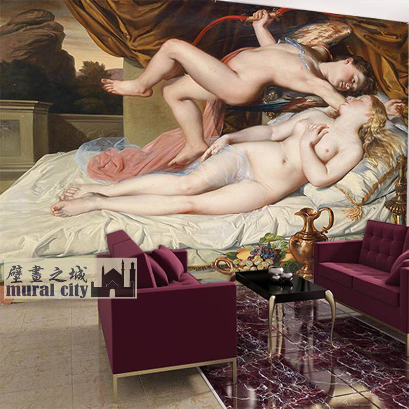 天使丘比特油画墙纸欧式油画裸女母亲母爱壁纸酒店包厢背景墙壁画