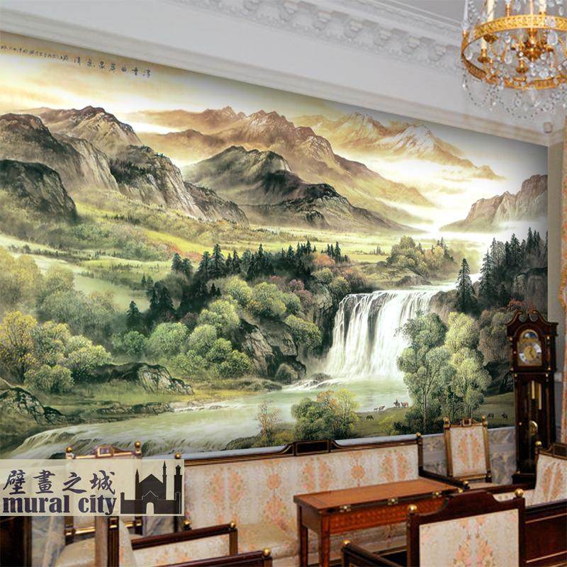 中式山水墨国画墙布高山流水壁画墙纸酒店客厅电视沙发壁纸背景墙-天天券