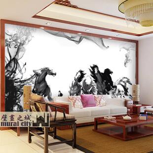 八骏图墙纸水墨画奔马骏马壁纸古典泼墨中式大型壁画酒店背景墙