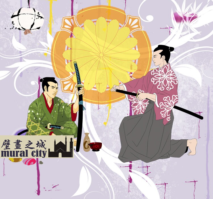 日本武士壁纸日式浮世绘和风墙纸居酒屋日料刺身背景墙壁画日本风