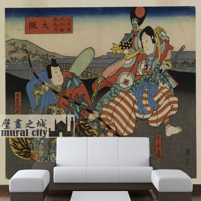 日式日本武士墙布古典浮世绘墙纸壁纸壁画酒店餐厅电视沙发背景墙