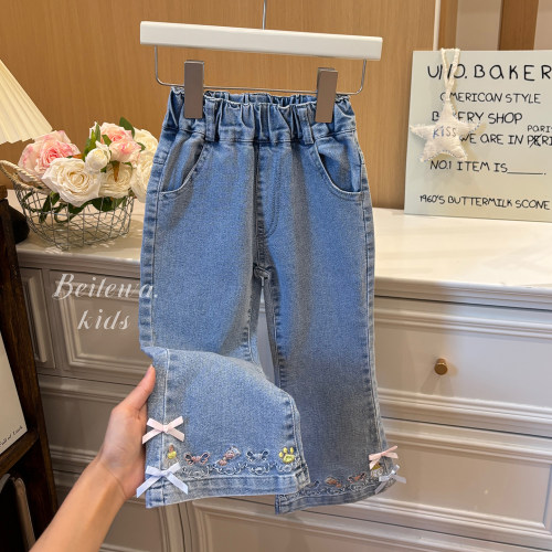 新款女童秋款百搭卡通刺绣蝴蝶结牛仔裤女宝宝韩版休闲时尚童装潮