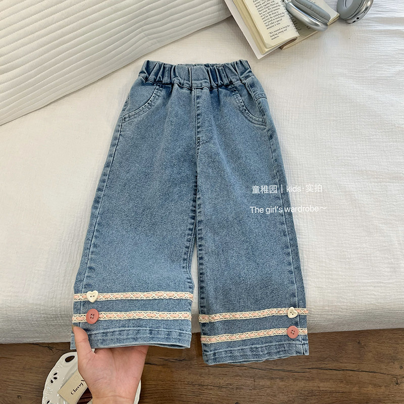 女童春秋新款牛仔裤韩版女宝宝花边直筒裤儿童洋气阔腿休闲长裤潮