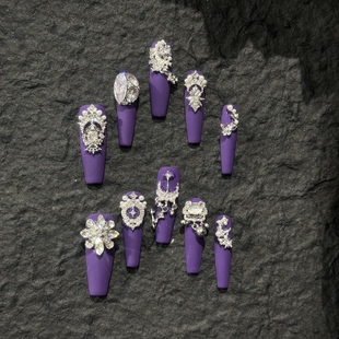 爆闪纯手工穿戴甲紫色超长梯重工欲感小妈色紫色美甲磨砂 126