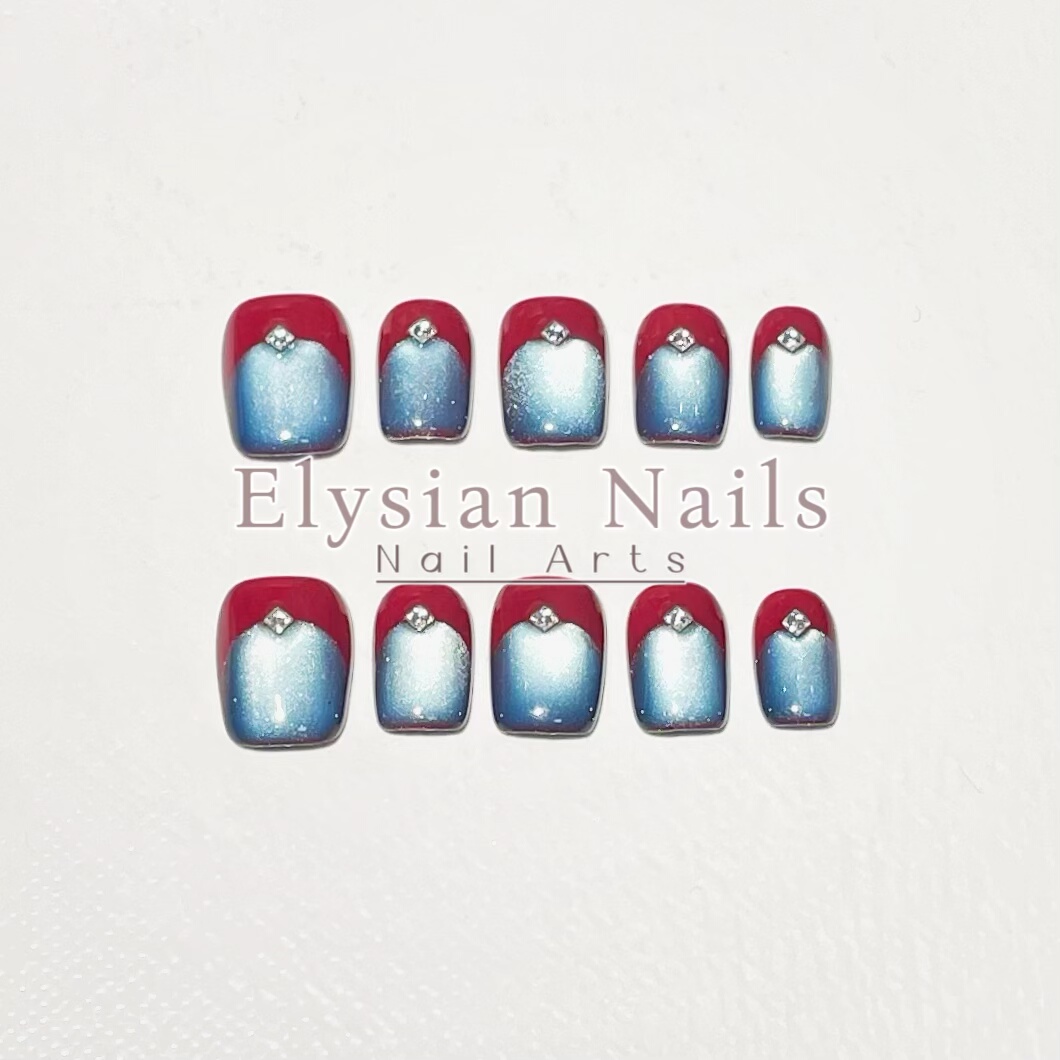 红蓝撞色猫眼短甲爆闪气质超k9奢华短款纯手工穿戴甲多色系列氛围