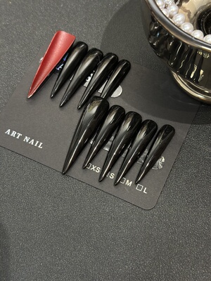 【147】超长54mm双面黑虎掏心纯手工穿戴甲超长尖红色高跟鞋