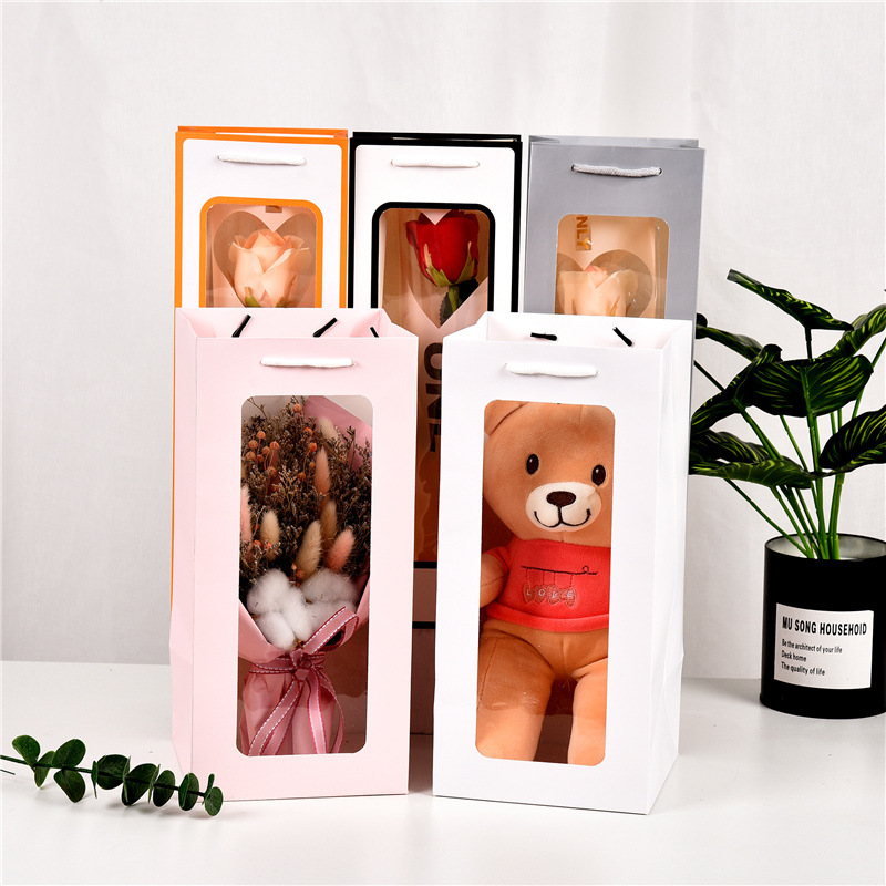 橱窗手提袋情人节母亲节开窗透明鲜花花束袋子圣诞礼品红酒包装袋