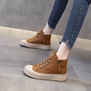 高帮透气单鞋 真皮牛皮鞋 百搭运动休闲板鞋 新款 女软底洋气2023秋季