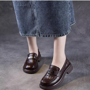 头层牛皮~高端~轻奢真皮女鞋春秋单鞋软底乐福鞋英伦风小皮鞋厚底