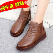 女平底短靴加绒手工 防滑中老年人保暖奶奶鞋 秋冬新款 真皮妈妈棉鞋