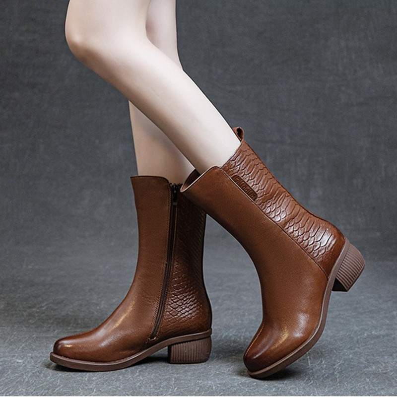 时装靴粗跟皮靴古柳真皮