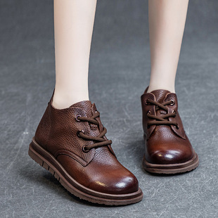 头层牛皮靴子女2026秋季新款复古风女式裸靴擦色系带短靴平底单靴
