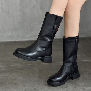 中筒靴女2025秋冬粗跟英伦风骑士靴马丁靴子女鞋 头层牛皮 高端