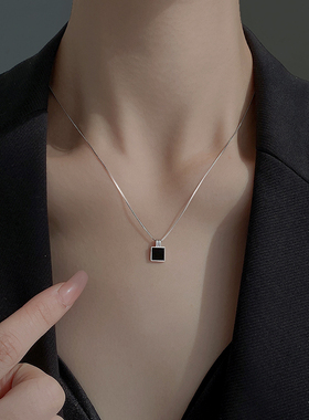 925纯银黑色方块项链女新款几何