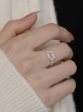 999足银猫猫头戒指可调节