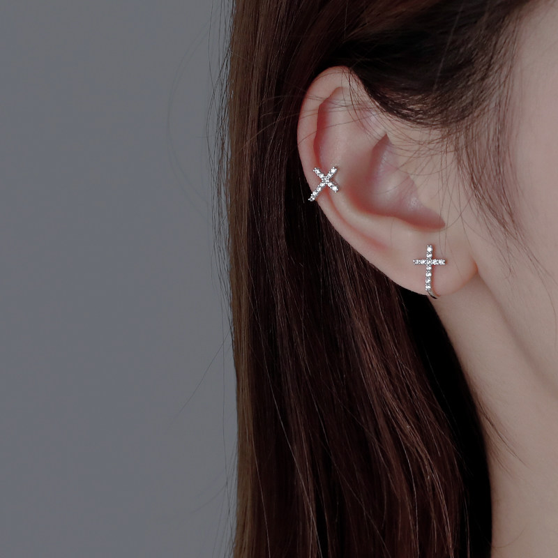 925纯银小十字架耳夹一款多戴