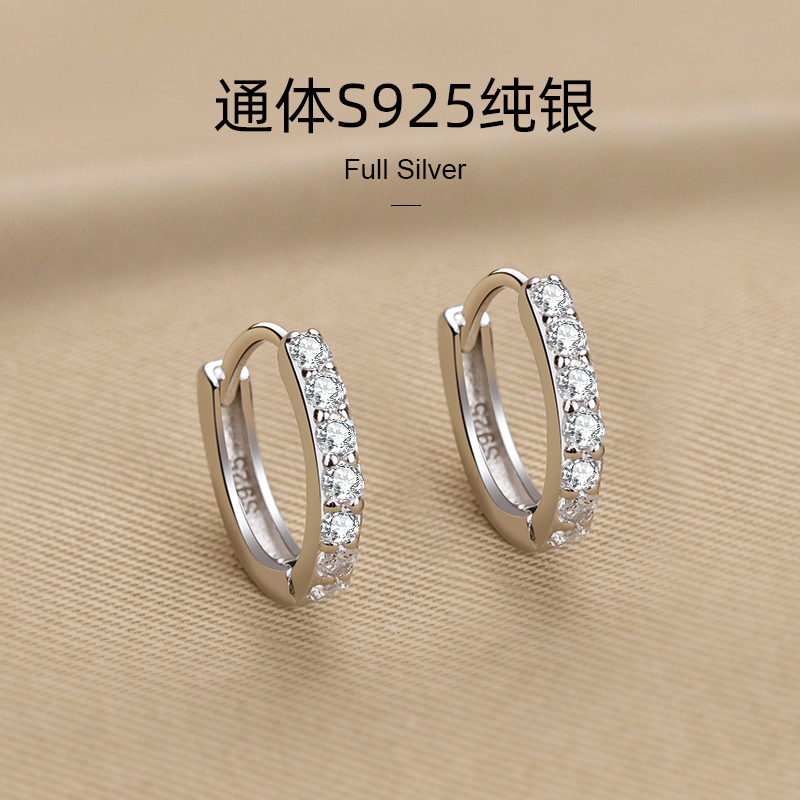 925纯银镶钻耳圈女2025新款爆款素圈简约精致小巧ins耳扣耳环耳饰